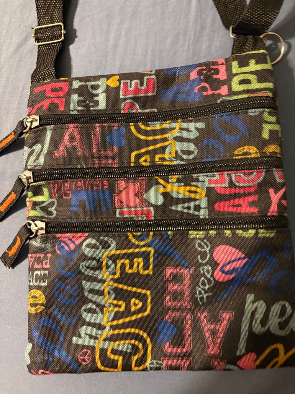 Crossbody Multi-Zip Women’s Bag in Brown with Colorful Print 70s style! - Picture 2 of 4